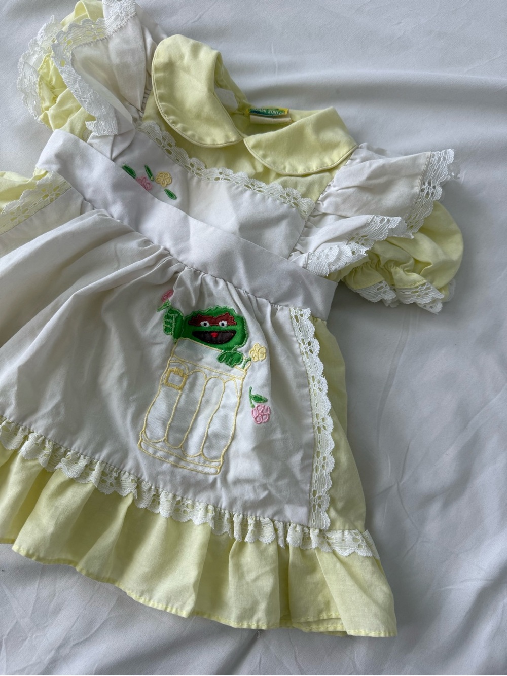 Vintage Sesame Street Baby Pinafore Dress JCPenney 80s Embroidered Yellow White